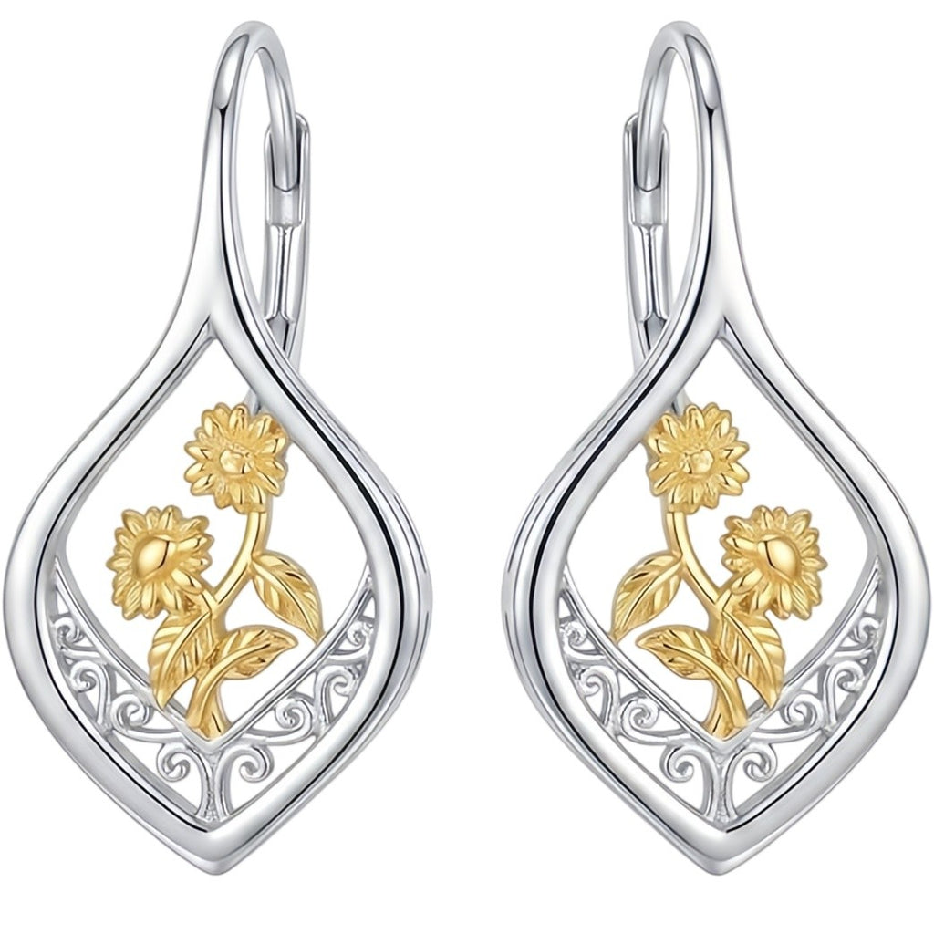 Sunflower Earrings 925 Sterling Silver Filigree 18K Gold Plated Leverback Hoop D