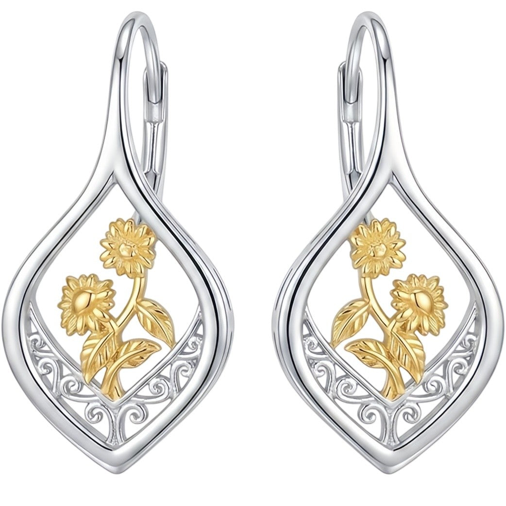 Sunflower Earrings 925 Sterling Silver Filigree 18K Gold Plated Leverback Hoop D