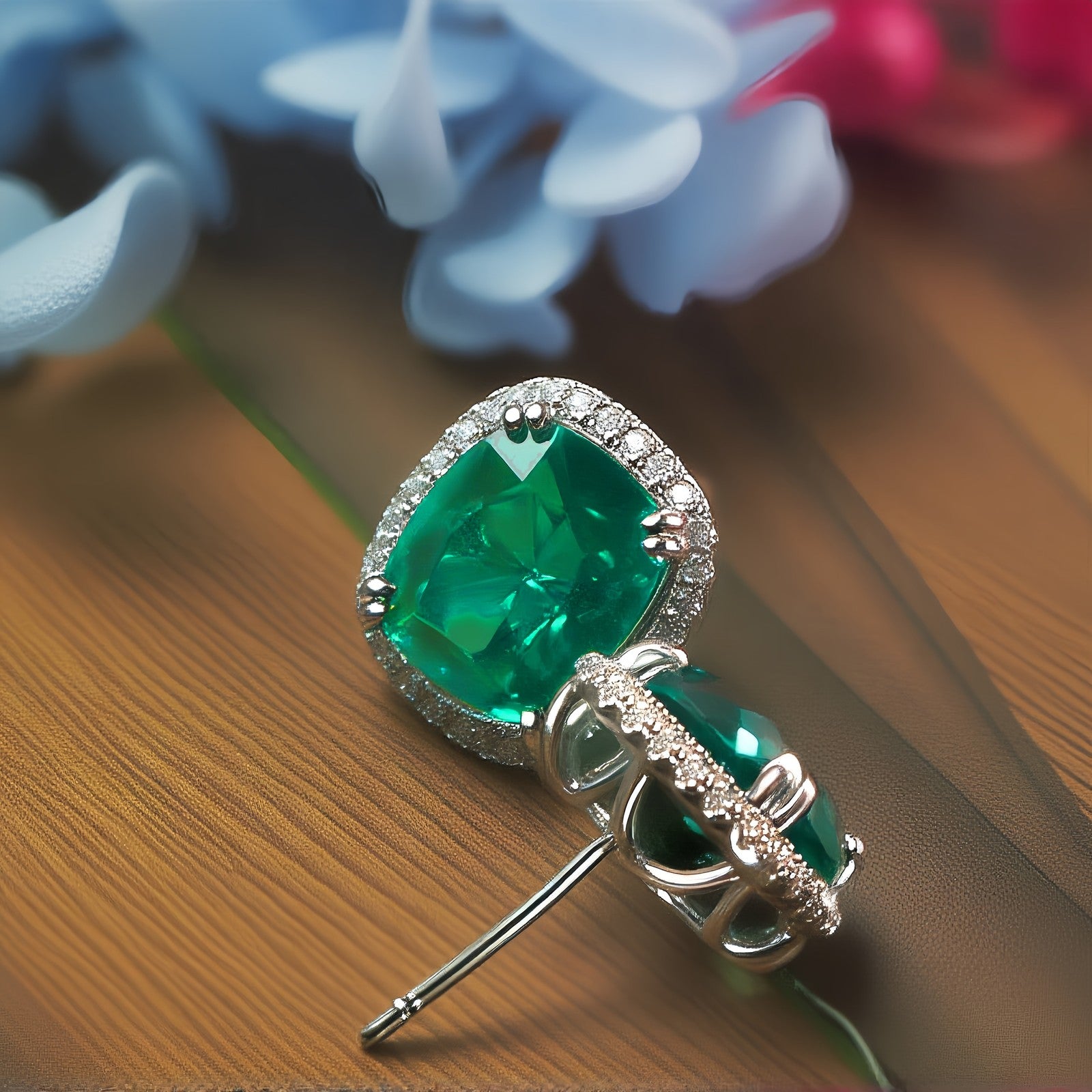 Cushion Shape Emerald Green CZ Single Halo Stud Earrings For Women, Statement Gi