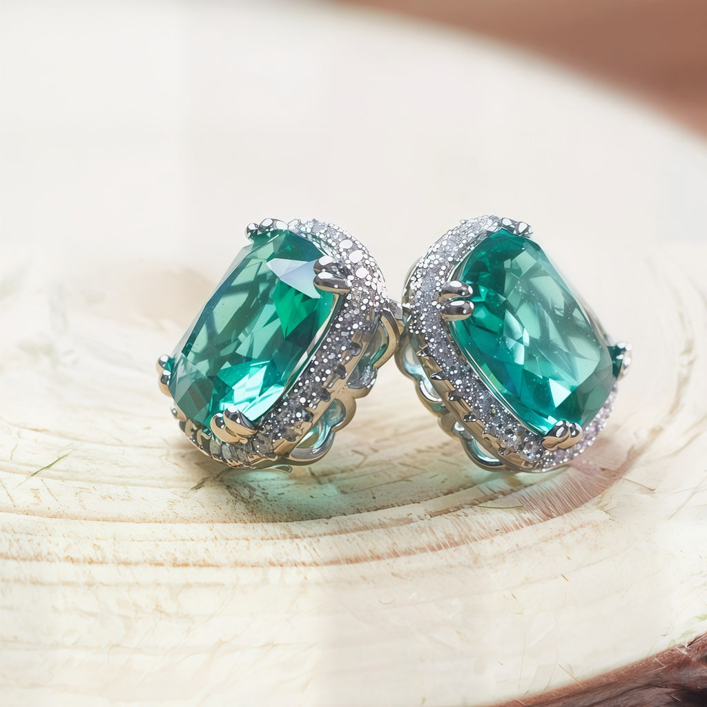 Cushion Shape Emerald Green CZ Single Halo Stud Earrings For Women, Statement Gi