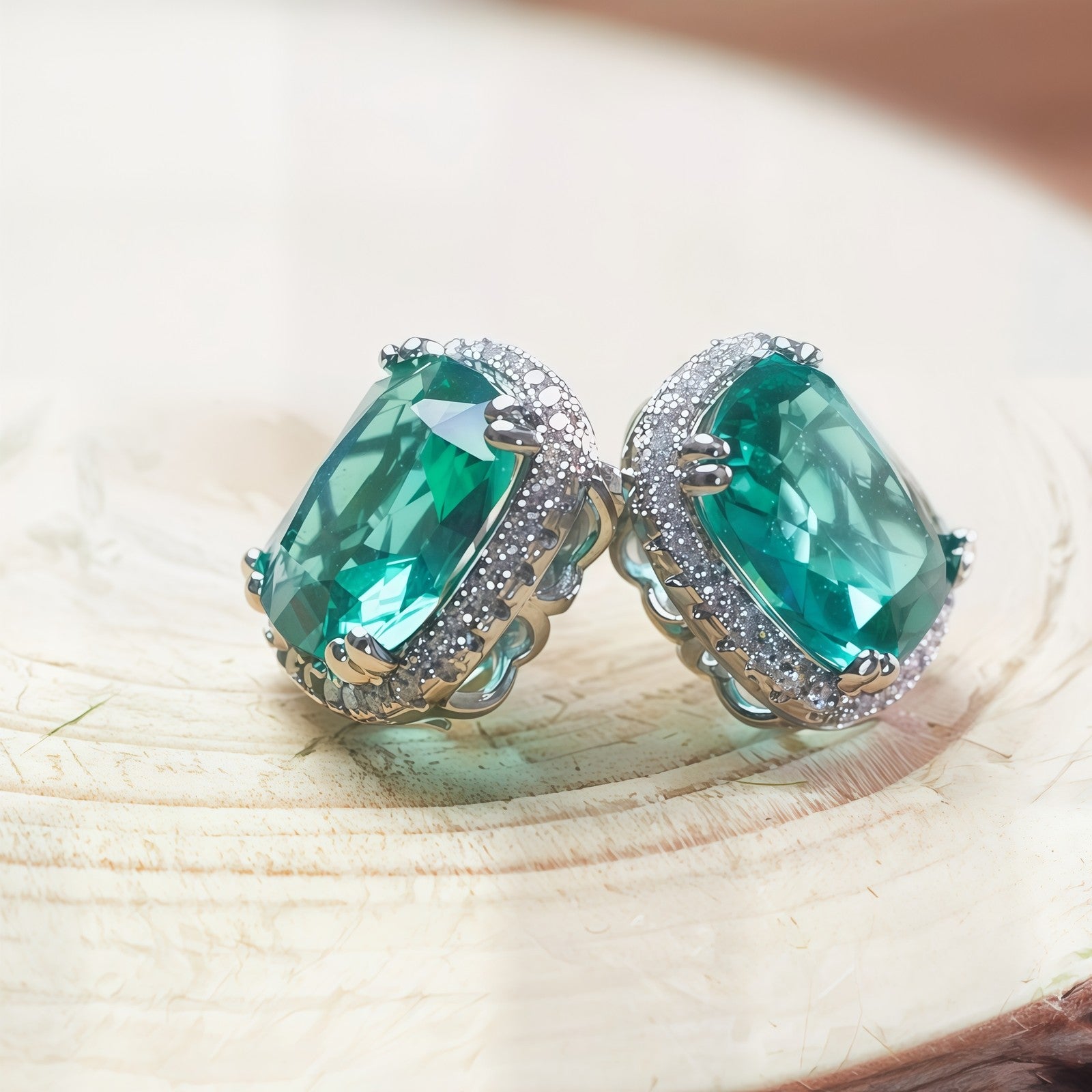 Cushion Shape Emerald Green CZ Single Halo Stud Earrings For Women, Statement Gi