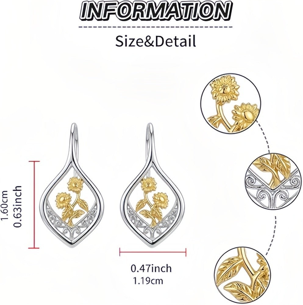 Sunflower Earrings 925 Sterling Silver Filigree 18K Gold Plated Leverback Hoop D
