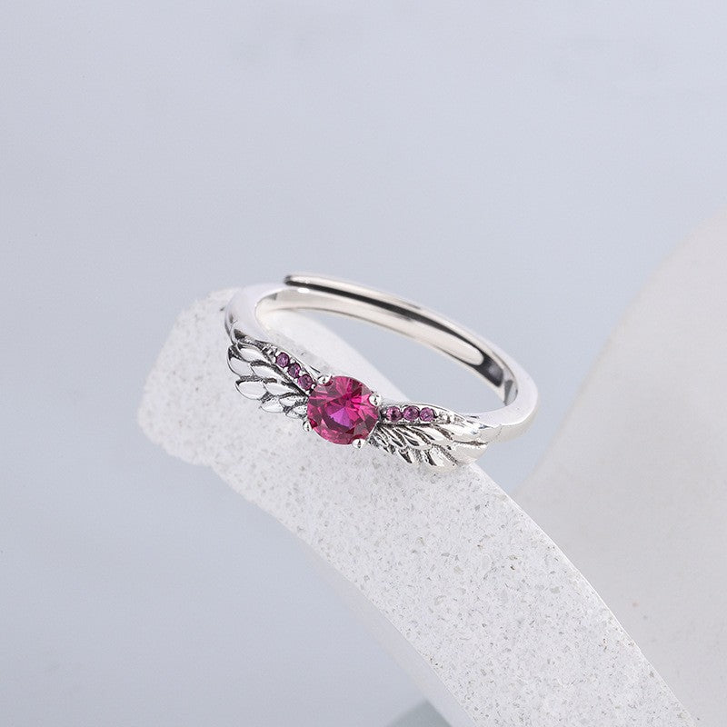 ❤️ 925 Sterling Silver Angel Wings Ring – Red CZ | US Size 6