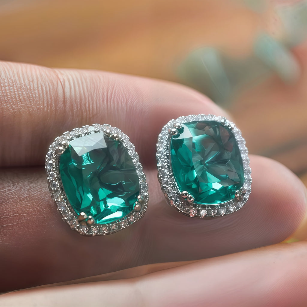 Cushion Shape Emerald Green CZ Single Halo Stud Earrings For Women, Statement Gi
