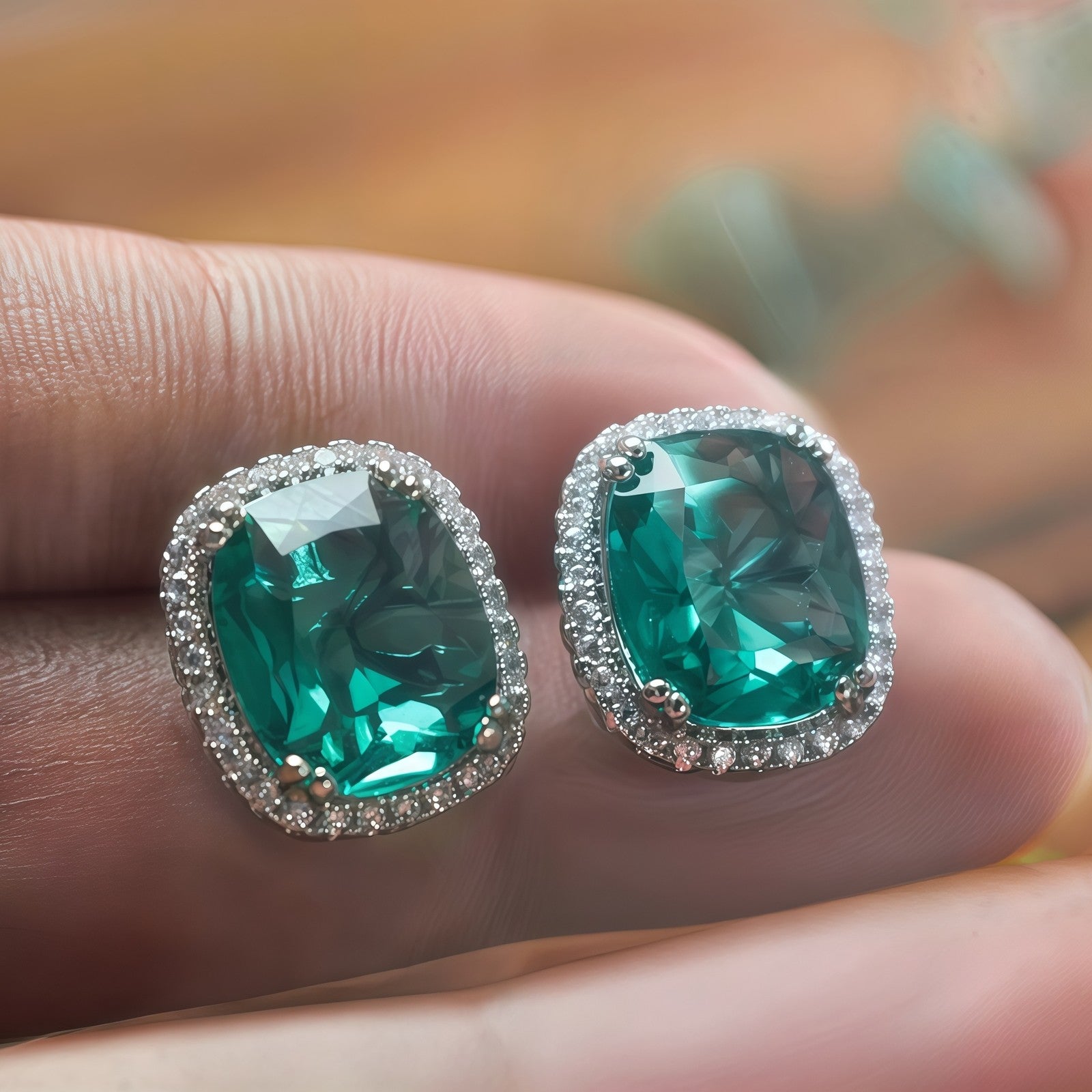 Cushion Shape Emerald Green CZ Single Halo Stud Earrings For Women, Statement Gi