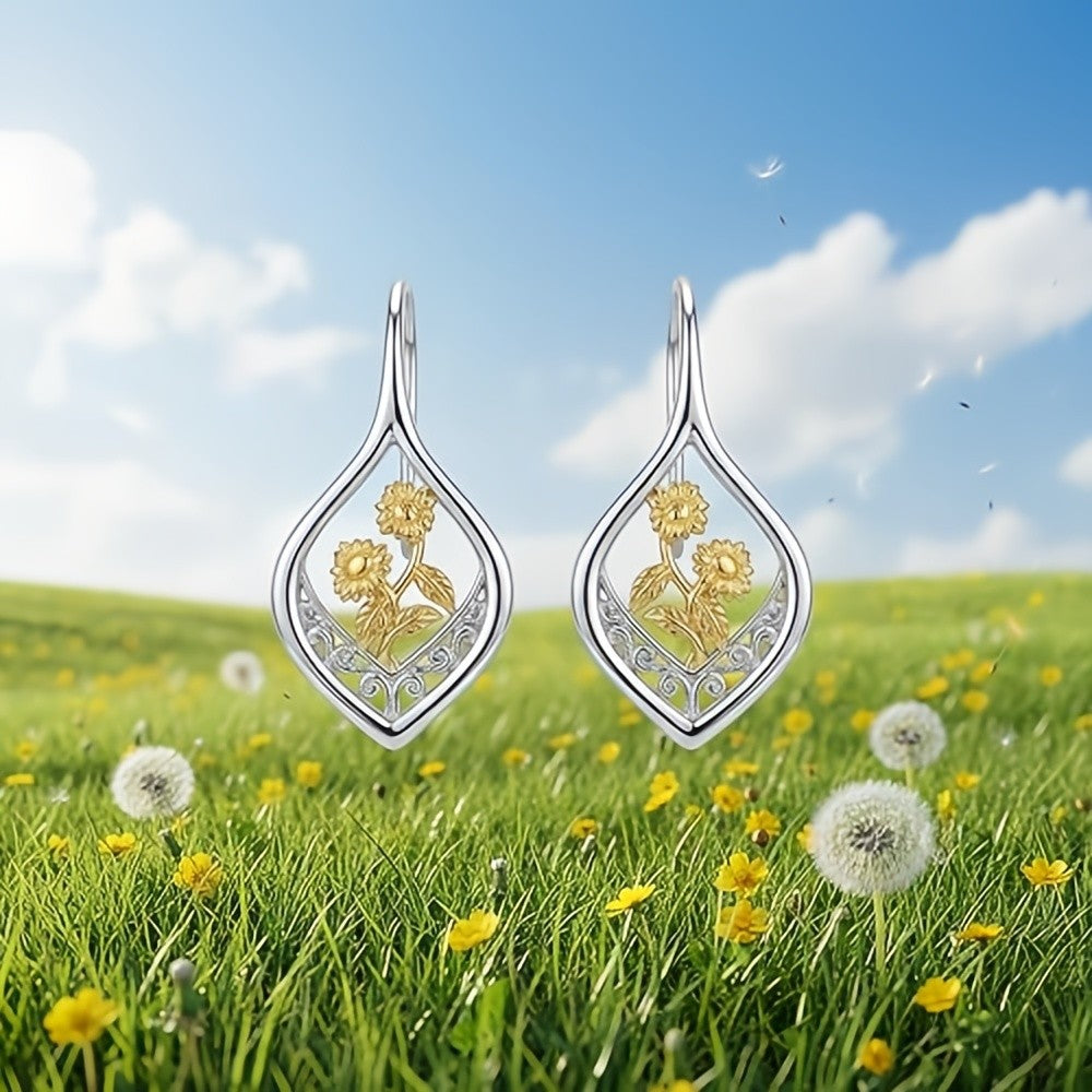 Sunflower Earrings 925 Sterling Silver Filigree 18K Gold Plated Leverback Hoop D