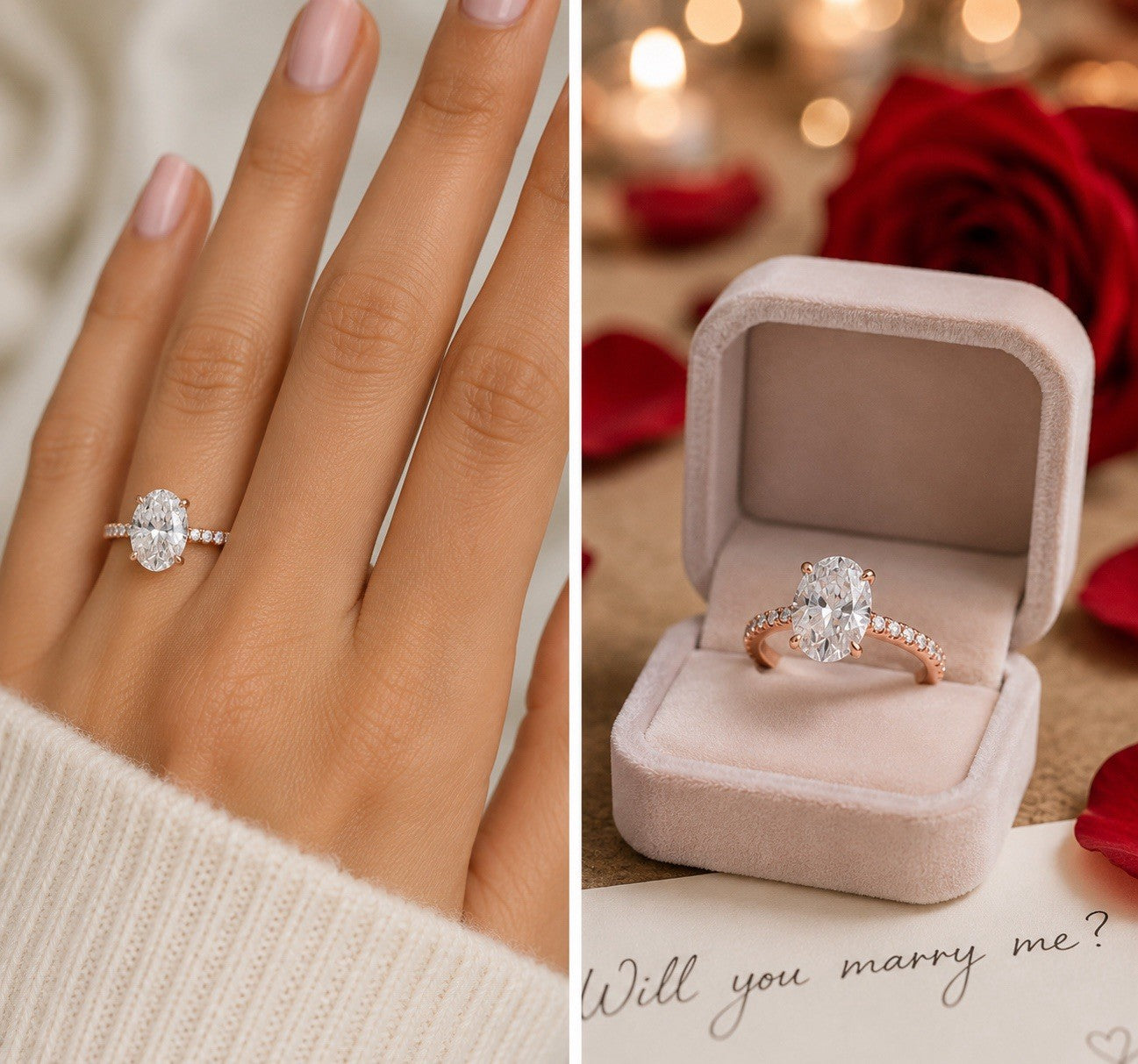 2 Carat Oval Lab-Grown Diamond Engagement Ring, Hidden Halo, 14K Rose Gold, IGI