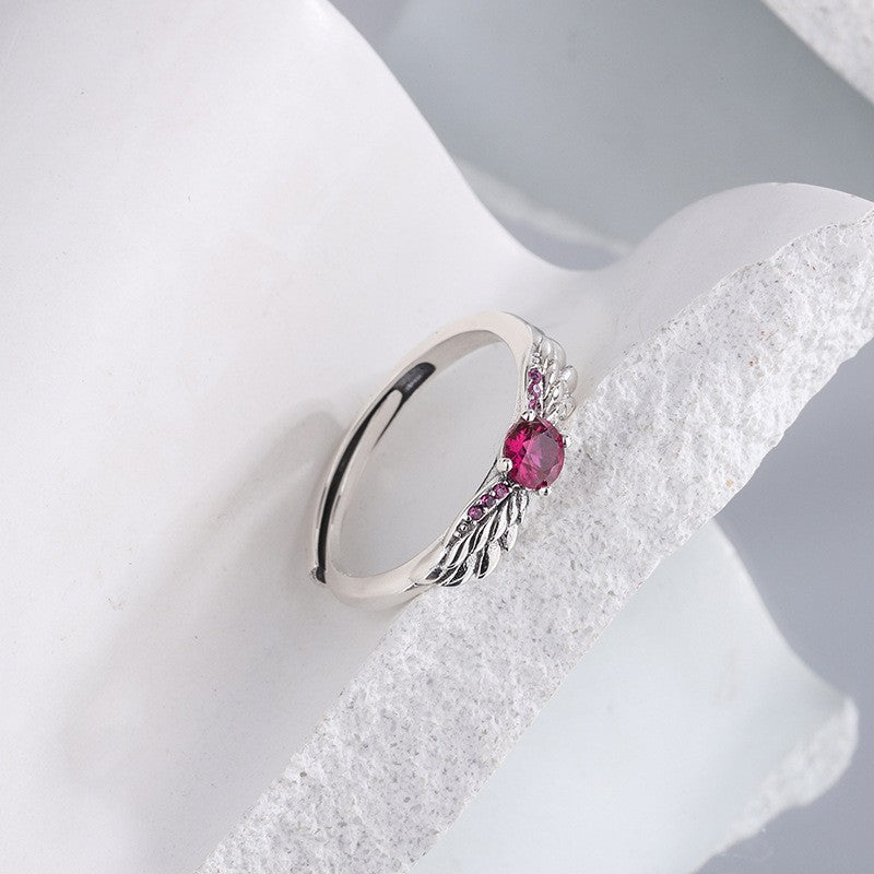 ❤️ 925 Sterling Silver Angel Wings Ring – Red CZ | US Size 6
