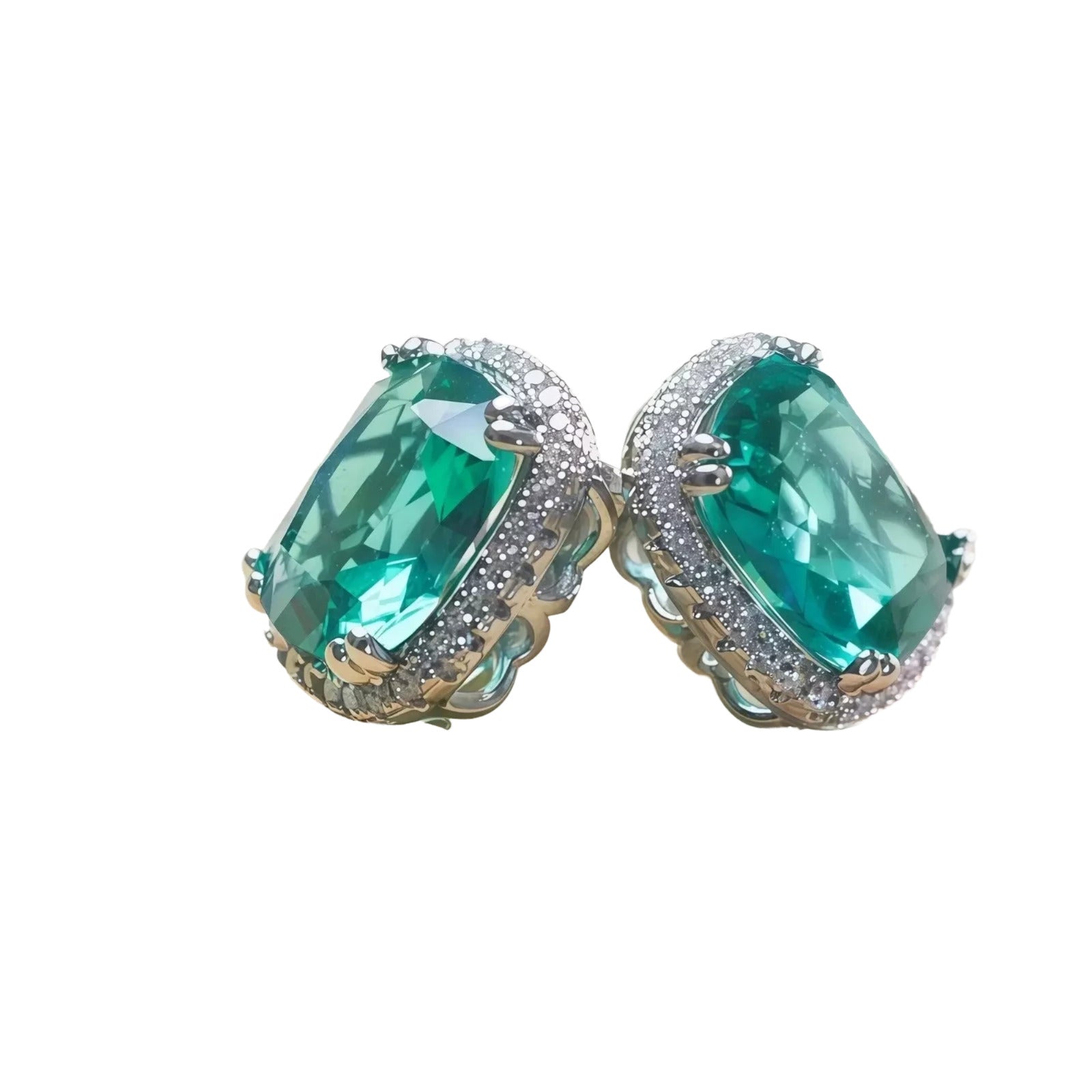 A pair of large, green gemstone earrings with a decorative metal frame.